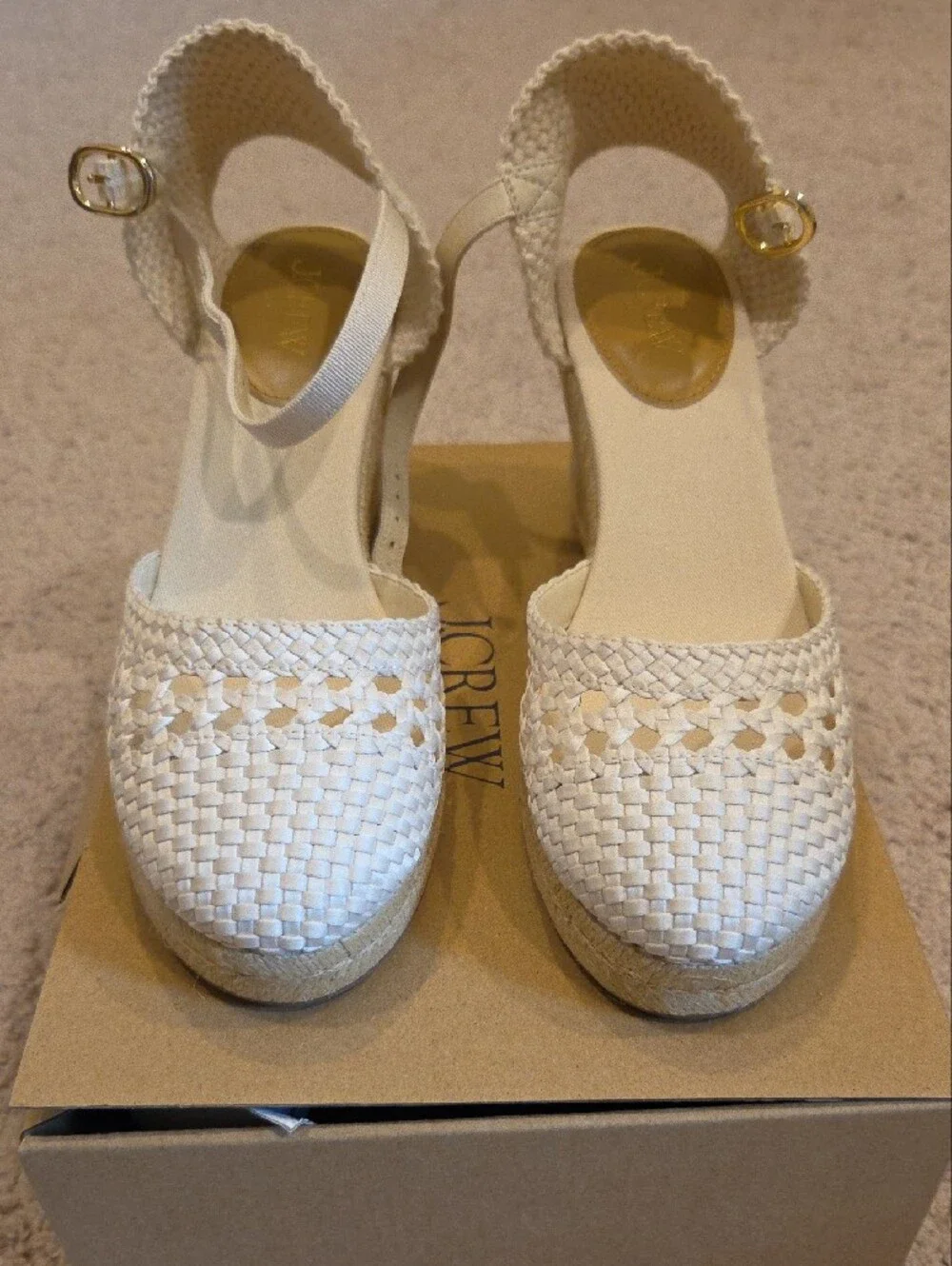 J. Crew Cream Woven Espadrille Wedge Sandals with Ankle Strap and Gold Buckle